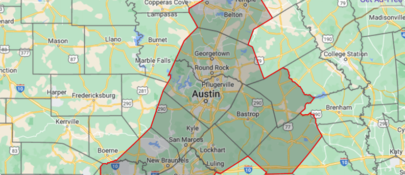 Service area map for Central Texas Shredding