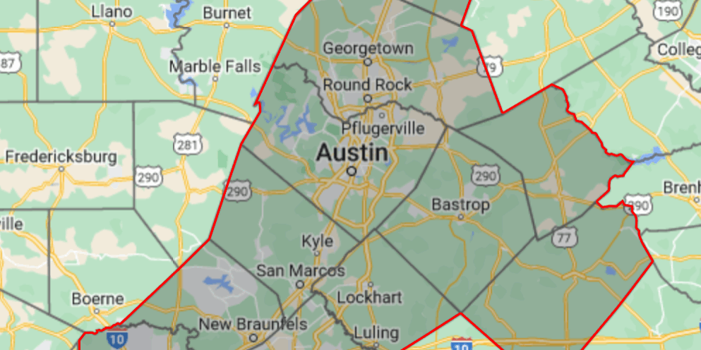 Map of multiple counties in Central Texas, encompassing all of Austin, San Antonio, and multiple other cities and towns.
