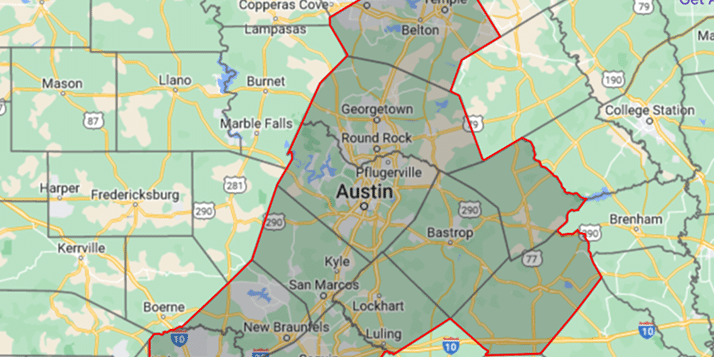 Service area map for Central Texas Shredding